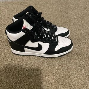 High top black and white panda dunks, size 10